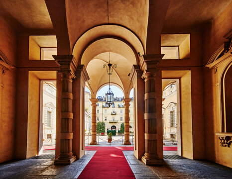 The grand entrance of the Circolo degli Artisti di Torino, a historic cultural institution established in 1847, Turin, Northern Italy