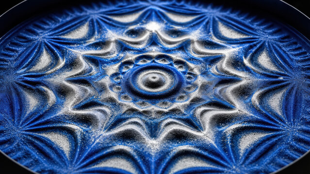 Abstract dual-tone cymatic art with blue and silver sand blending in geometric vibration pattern