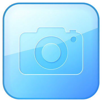 Sky blue 3D camera app icon with glass texture for mobile photography interface and social media sharing or creative digital imaging software design