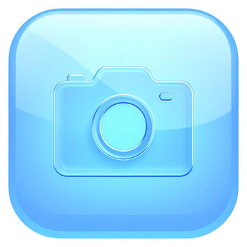 Modern cyan camera icon for mobile application with glassmorphism effect for photography interface and digital image capture software design for technology