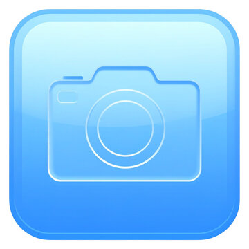 Frosted blue camera icon for mobile app UI design and creative photography software or social media image sharing technology graphic design assets