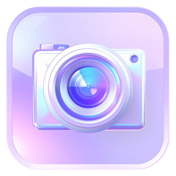 Iridescent 3D camera icon for mobile application photography and creative media sharing or digital imaging software interface design with holographic texture