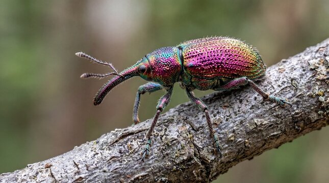 Colorful Rainbow Weevil Insect Perched on a Tree Branch in Nature.
