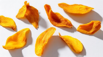 Naklejka premium Vibrant Yellow Dried Mango Slices Background / 鮮やかな黄色をしたみずみずしいドライマンゴースライス