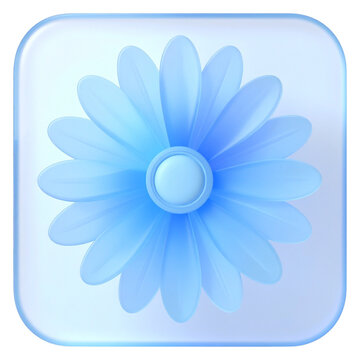 Cyan 3D flower app icon with glass texture for mobile interface and creative nature photography software or feminine digital art technology design assets