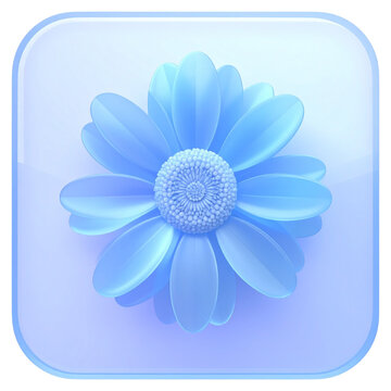 Transparent blue 3D flower icon for mobile apps and creative nature photography software or feminine digital art interface design for technology web