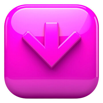 Vibrant pink 3D download arrow icon for mobile application interface and digital file transfer software or modern data storage technology design assets