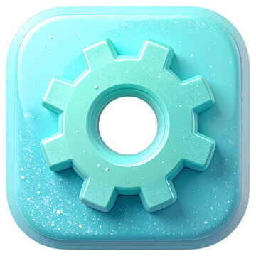 Cyan 3D settings gear icon with glass texture for mobile application system configuration and modern technology optimization software interface design assets