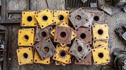 Fototapeta premium Industrial Metal Plates with Bolt Holes in a Workshop Environment.