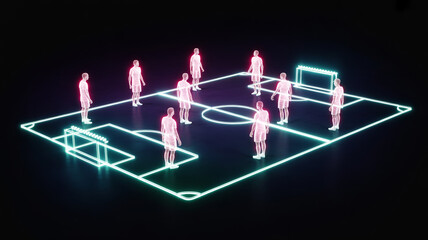 3D rendered neon soccer field with players and goal rendered illustration © Kheya