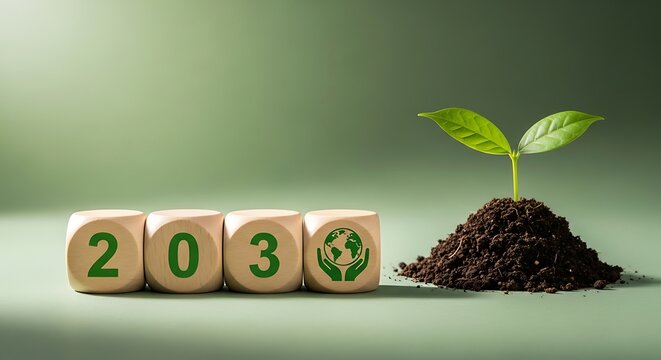Wooden blocks with 2030 and a green earth logo next to a small plant growing in soil on a green background