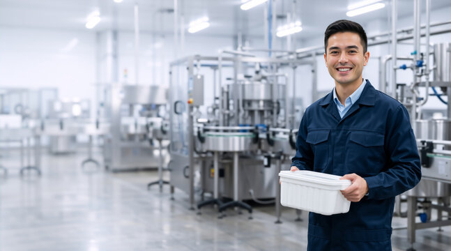 Smiling Asian male factory worker holding a plastic container in a modern manufacturing plant. Industrial operator in a clean food processing facility. Copy space for text