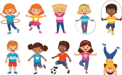 Fototapeta premium Diverse group of cartoon children enjoying various sports and activities with hula hoop jump rope flat design children activities cartwheel energetic recreation healthy lifestyle childhood