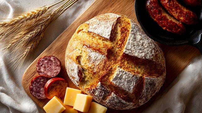 Traditional Round Bread Platter with Salami and Cheese / サラミとチーズを添えた伝統的な丸型ブレッドの盛り合わせ