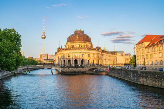 Bode museum at museum island on Spree river at sunset. Berlin, Germany