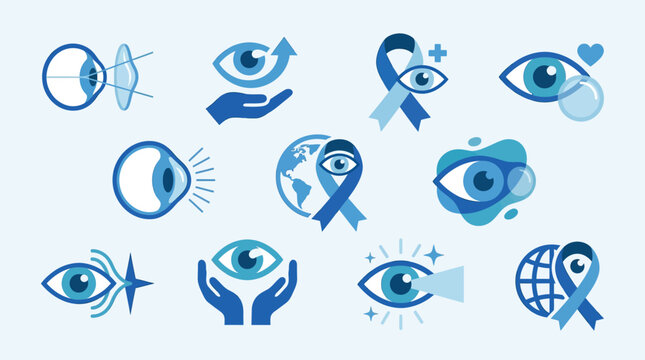 Collection of blue eye-related icons representing vision care, eye health, and awareness campaigns.