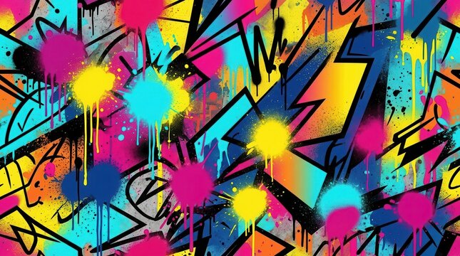 Urban artistic expression featuring a seamless background of vibrant graffiti and paint splatters.