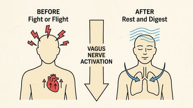 Comparison of fight or flight stress versus rest and digest calm through vagus nerve activation.