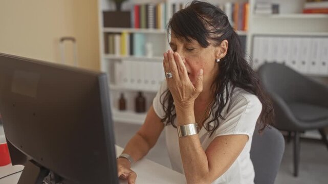 Woman hand covering mouth for yawning at computer monitor in a building office, visible wrist bracelet and red mug on desk; fatigue productivity.