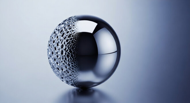 Abstract metallic sphere with intricate patterned texture on one half, contrasted with a smooth, reflective surface on the other, on a neutral background