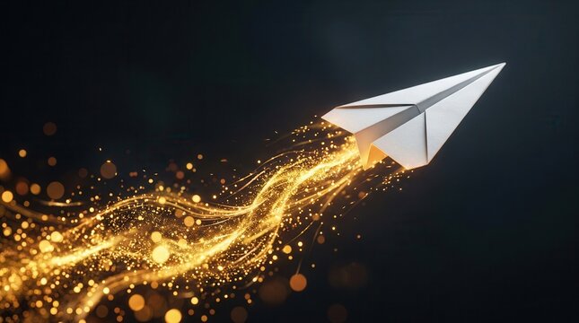 A white paper airplane soaring toward innovation with a glowing particle trail.