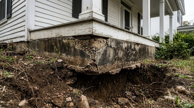 Structural deterioration and concrete spalling showing an exposed house foundation.