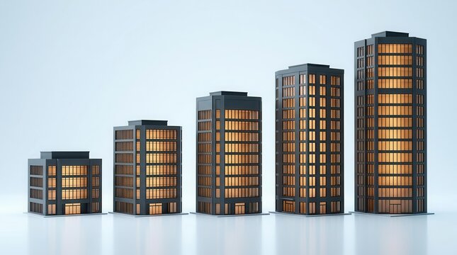 Corporate growth concept featuring office building models of increasing height and organizational scale.