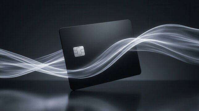 Concept of contactless transaction and digital security featuring a sleek credit card and light waves.