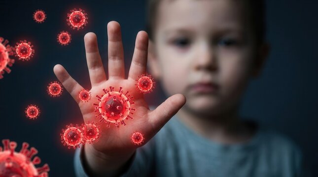Hand, foot and mouth disease viral infection concept with red virus particle overlays on a child's hand.