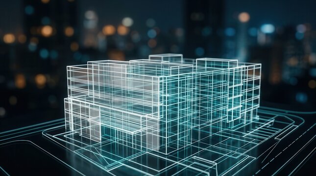 Engineering modeling and virtual construction planning featuring a defocused 3d building wireframe.