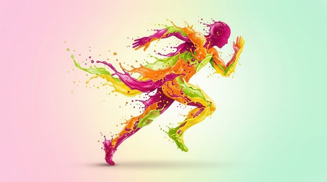 Running person silhouette made of colorful fruit splashes representing active sport and nutritional cleansing.