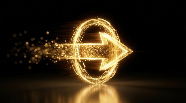 Golden light particle arrow moving forward to represent rapid growth and innovation.