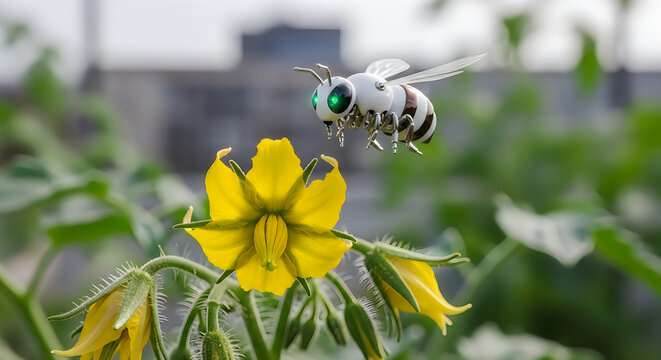Robotic bee hovering over a yellow flower