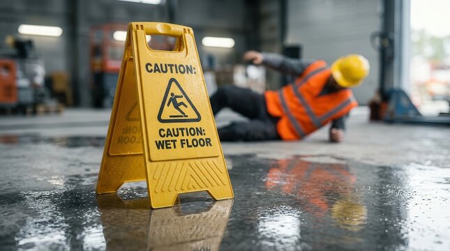 Workplace accident risk shown by a caution sign on a slippery floor and an injured worker lying down.