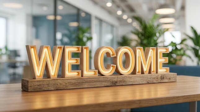 Modern office desk featuring a welcome sign for a friendly new employee onboarding experience.