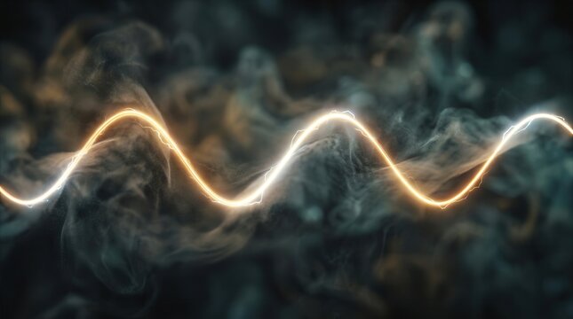 Signal versus noise concept with a glowing data wave thread and blurred smoke.