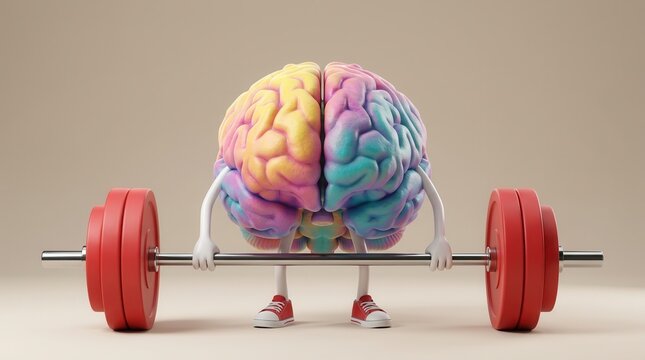 Brain training concept featuring a vibrant mascot exercising with a barbell for cognitive fitness.