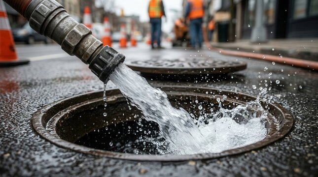 Pipeline maintenance showing water being flushed into a manhole for drain rehabilitation.