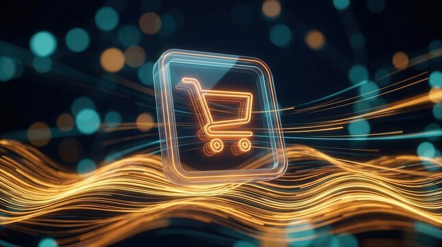 Real-time purchase insight represented by a glowing shopping cart icon and flowing digital data streams.