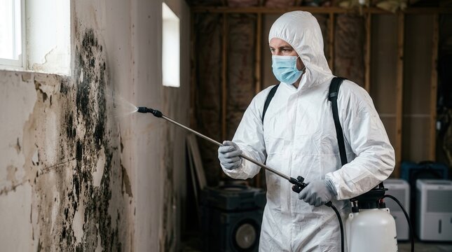 Mold remediation specialist in respirator testing black mold on a damaged wall.