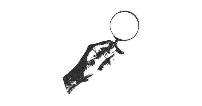 Vintage Style Hand Holding Magnifying Glass Illustration, Retro Black and White Sketch for Research and Investigation - 1