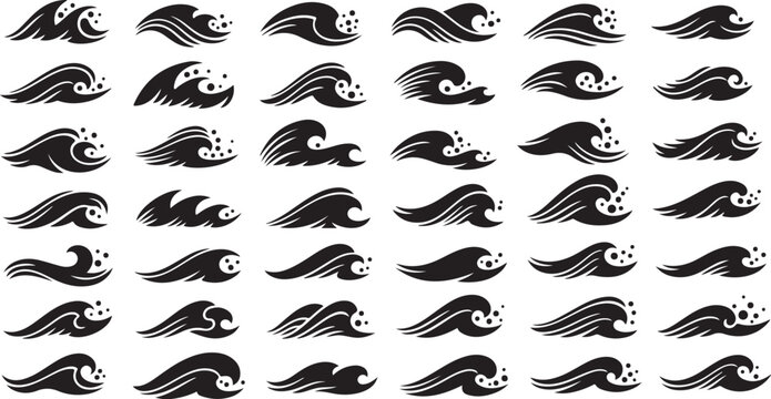 Collection of ocean wave and sea surf silhouette icons