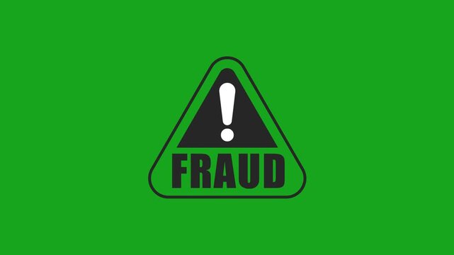 Fraud Warning Sign with Exclamation Mark Icon and Bold Black Text in a Triangular Frame over a Chroma Key Green Screen Background