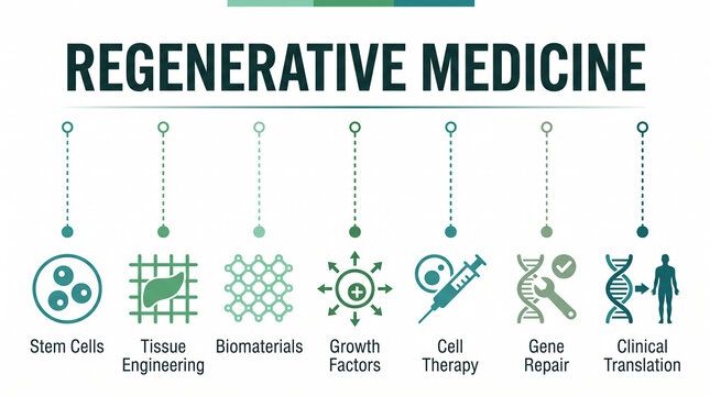 Regenerative medicine infographic with medical icons, stem cells and tissue engineering diagram, biotechnology and gene repair research concept
