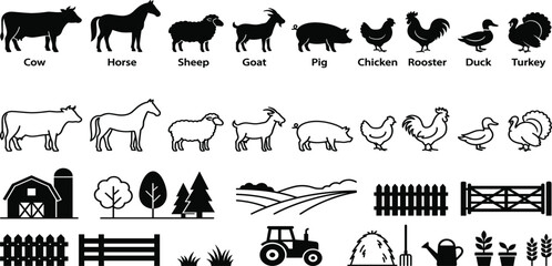 Farm Animals and Agriculture Icons Set with Cow Horse Sheep Goat Pig Chicken Duck Turkey Barn Tractor Fence and Rural Farming Elements in Outline and Silhouette Styles © Nilota