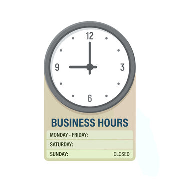 Wall clock displaying business hours for a store