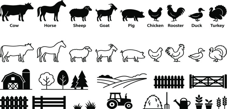 Farm Animals and Agriculture Icons Set with Cow Horse Sheep Goat Pig Chicken Duck Turkey Barn Tractor Fence and Rural Farming Elements in Outline and Silhouette Styles