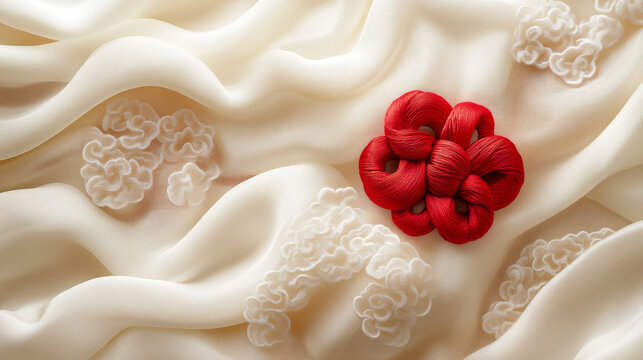 Red rope knot and cloud pattern fabric - Generative AI