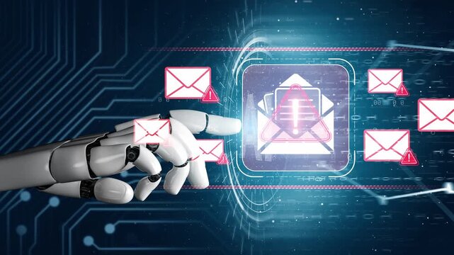 Futuristic Robot Hand Interacting with Digital Email Interface and Notifications Representing Cybersecurity and Technology Concepts Sigmoid