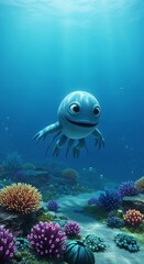 Obraz premium Underwater Adventure - A Cute Octopus Exploring a Vibrant Coral Reef.